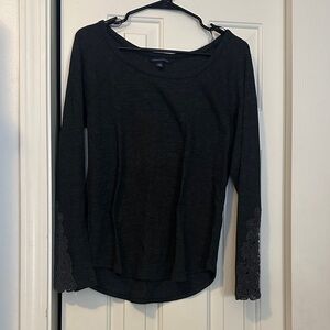 American Eagle Outfitters Charcoal Long Sleeve Top with Lace Accents